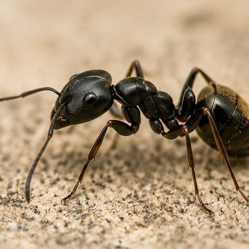 Close-up of a single black ant on a sandy surface