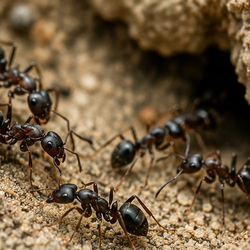 Black ants gathered at the entrance of a nest in dry soil