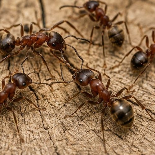 Several reddish-brown ants on weathered wood