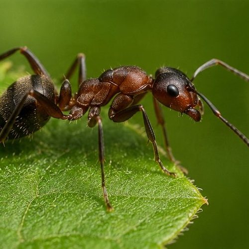 A reddish-brown ant standing on a green leaf