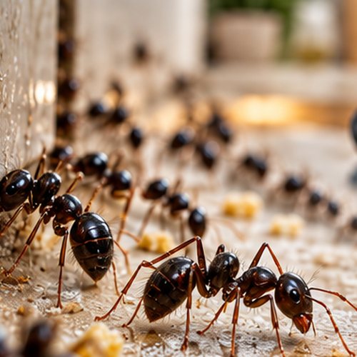 A trail of black ants along the base of a wall, with crumbs on the floor