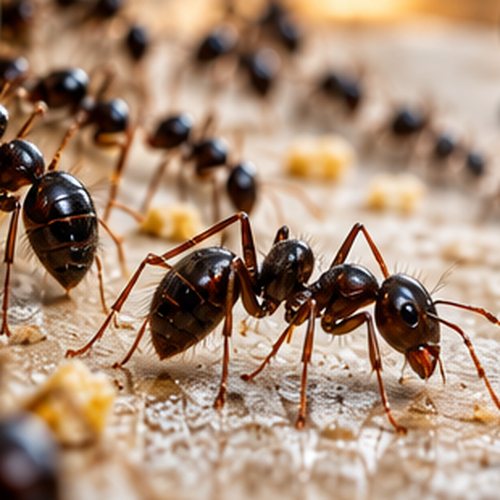 Close-up of two black ants on a worktop beside crumbs