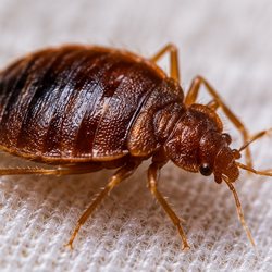 Close-up of a single adult bed bug on cream woven fabric