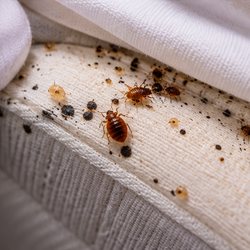 Bed bugs, dark spotting and pale cast skins along a mattress welt