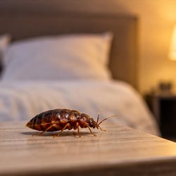 A single adult bed bug on a bedside table with the bed behind it