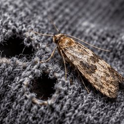 Mottled moth on dark grey knitted wool beside a hole in the fabric