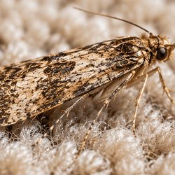 Mottled moth at rest on cream wool carpet, seen from the side