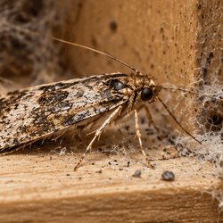 Mottled moth on a timber surface beside webbing and fine debris