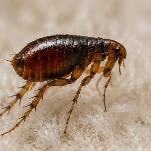 Close-up of an adult flea standing on pale woollen fibres