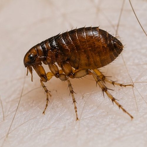 Close-up of a flea on human skin among fine hairs
