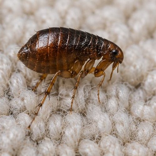 Close-up of a flea on a looped cream carpet