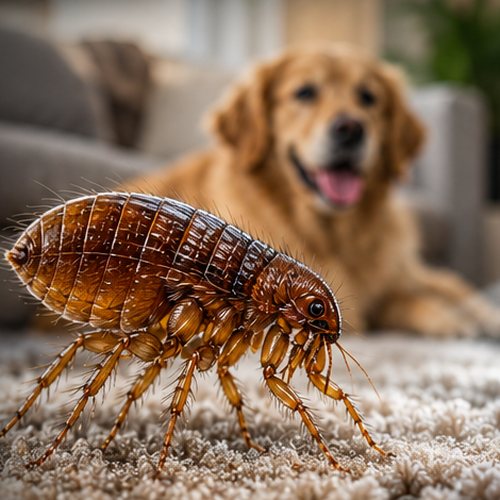 A flea on a living-room carpet with a golden retriever lying behind it