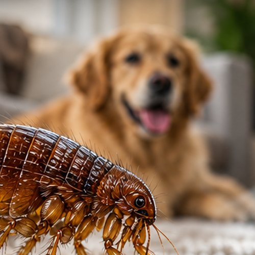 A dog resting on a sofa in a living room, seen past a flea on the rug