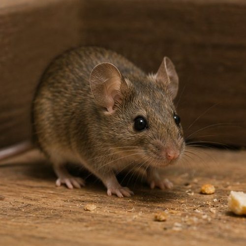 A house mouse on a wooden floor beside a skirting board, with crumbs