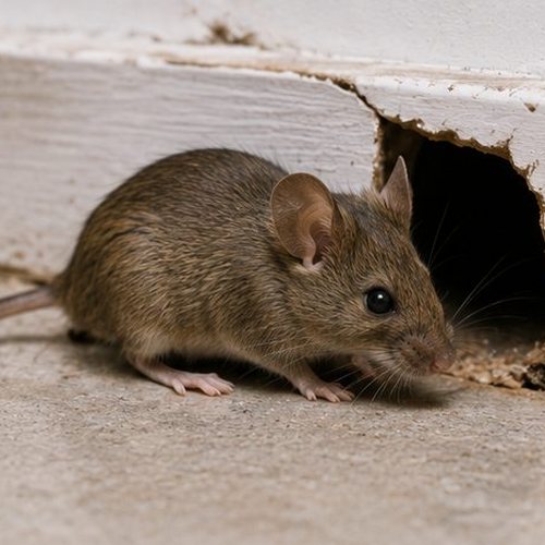 A house mouse at a gnawed hole in the bottom of a white skirting board
