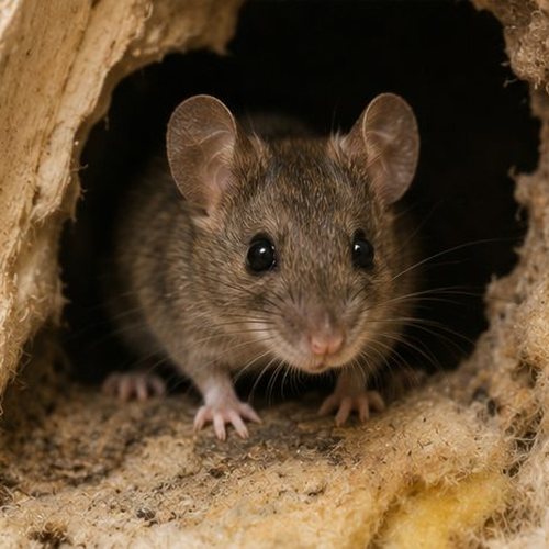 A house mouse looking out of a hole in chewed insulation