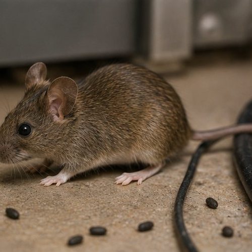A house mouse on a concrete floor beside cables, with droppings nearby