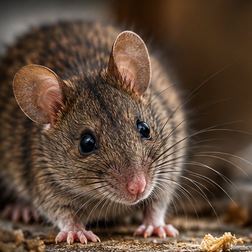 A brown mouse on a dusty floor with crumbs in front of it