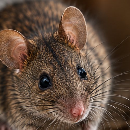 Close-up of a mouse's face, ears and whiskers
