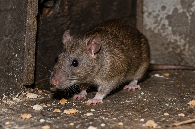 Rat near a doorway with food crumbs