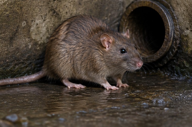 Rat near a drain pipe, a common entry point into properties