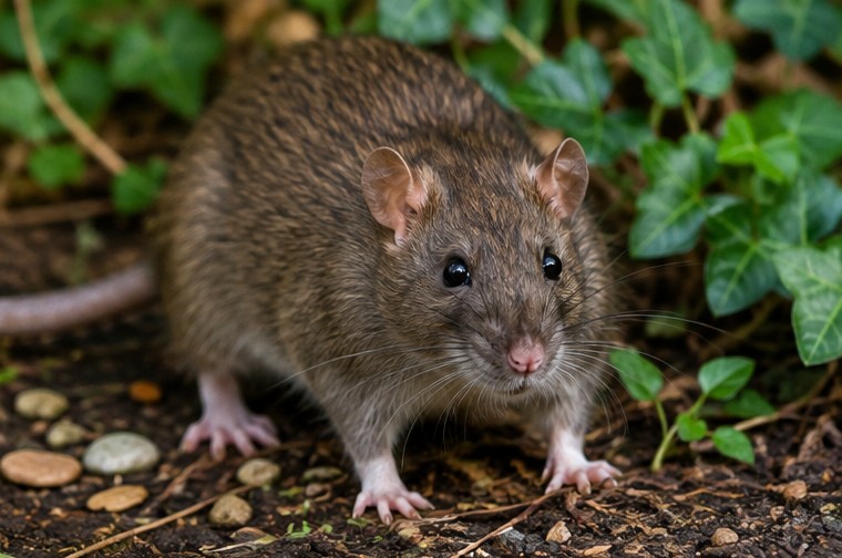 Rat in garden undergrowth and ivy