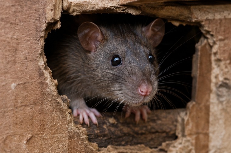 Rat emerging from a hole in a wall, a common sign of infestation