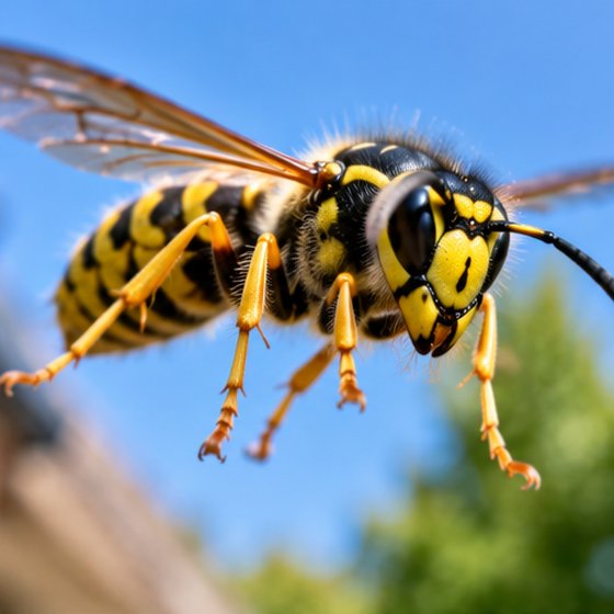 A common wasp in flight against a clear sky above a tiled roof