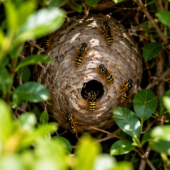 A grey papery wasp nest built in a garden hedge, with its entrance hole and wasps on the surface