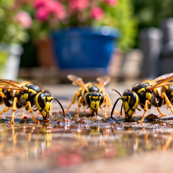 Wasps gathered at spilled liquid on a patio beside a planted pot