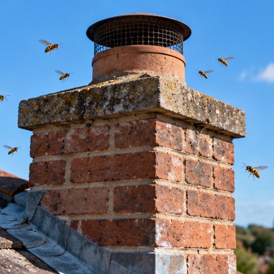Wasps flying around the top of a brick chimney stack with a cowl