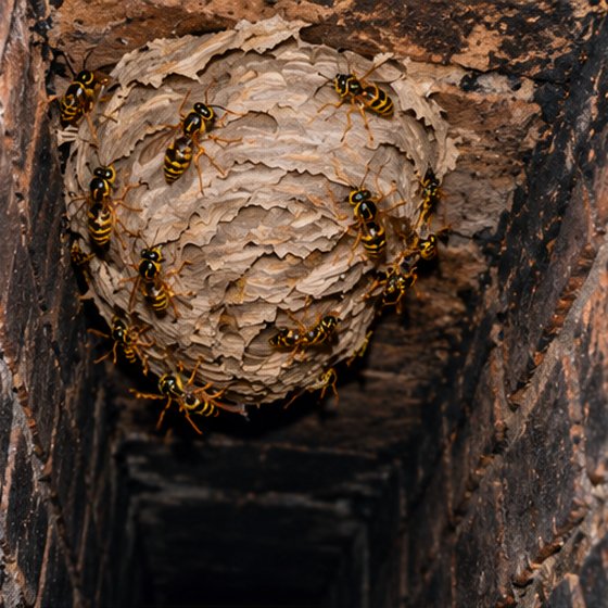 A wasp nest built inside a dark brick void, seen from below