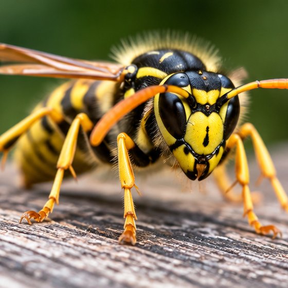 Close-up of a common wasp head-on on weathered decking timber