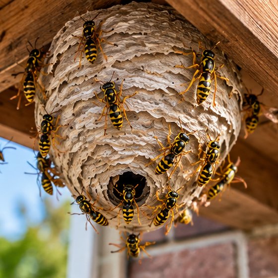 A large wasp nest hanging under a timber beam against brickwork, covered in wasps