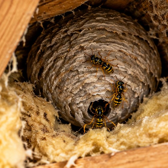 A wasp nest built into loft insulation, with the entrance hole and wasps at it