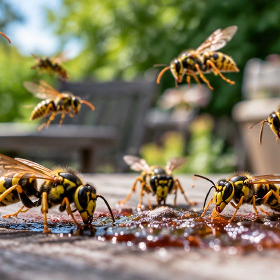 Wasps on a garden table at spilled drink, with garden furniture behind