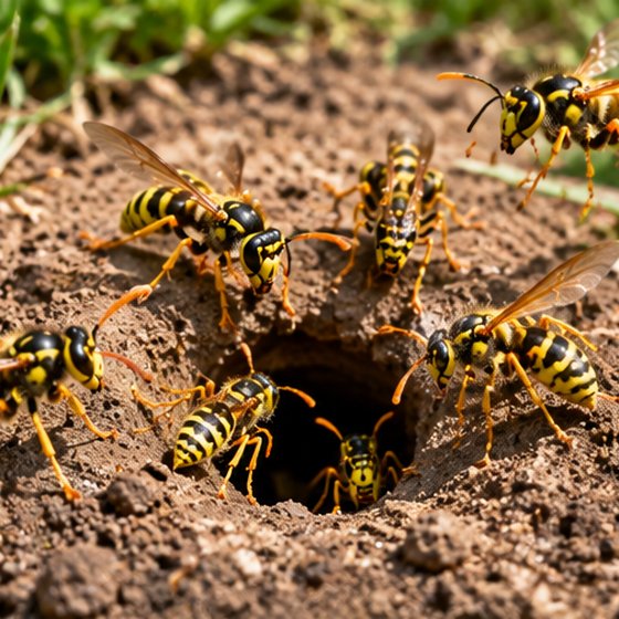 Wasps around the entrance hole of a nest in bare soil