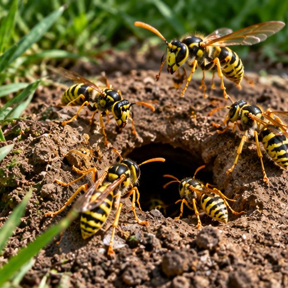 A wasp nest entrance in soil at the edge of a lawn, with wasps coming and going
