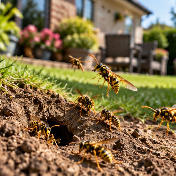 Wasps at a ground nest entrance in a lawn, with a house and garden behind