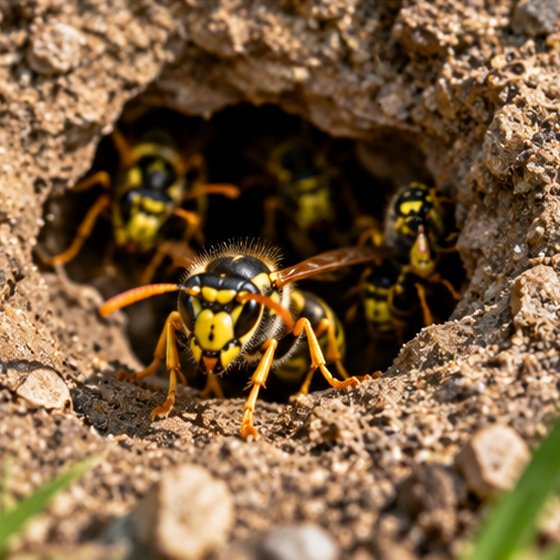 Wasps crowding the mouth of a ground nest among soil and stones