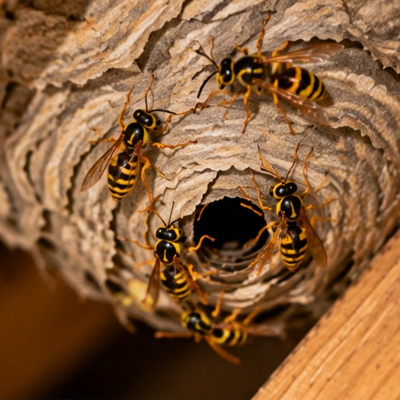 A wasp nest under roof rafters with wasps across its surface